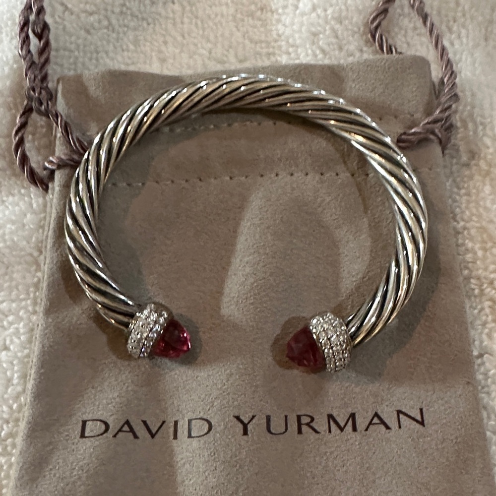 David Yurman Cable Bracelet With Pink Stones and Three rows of Diamonds